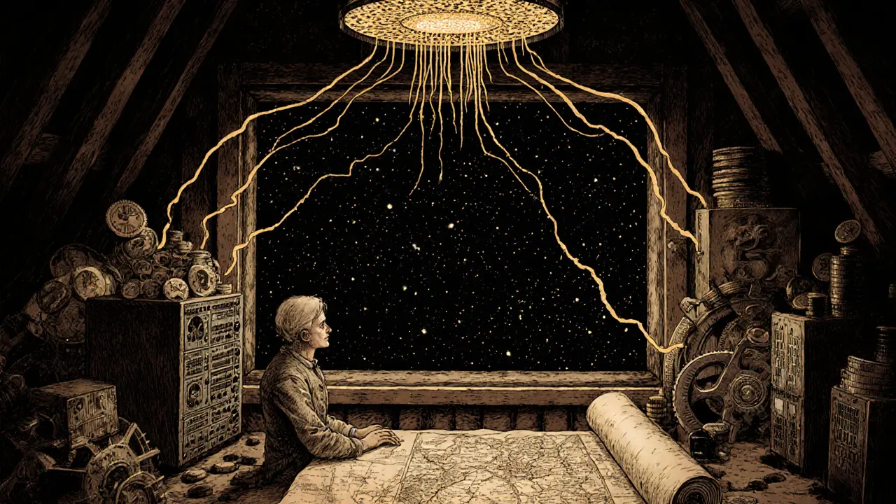 A lone operator in an attic surrounded by glowing blockchain nodes and golden token streams.