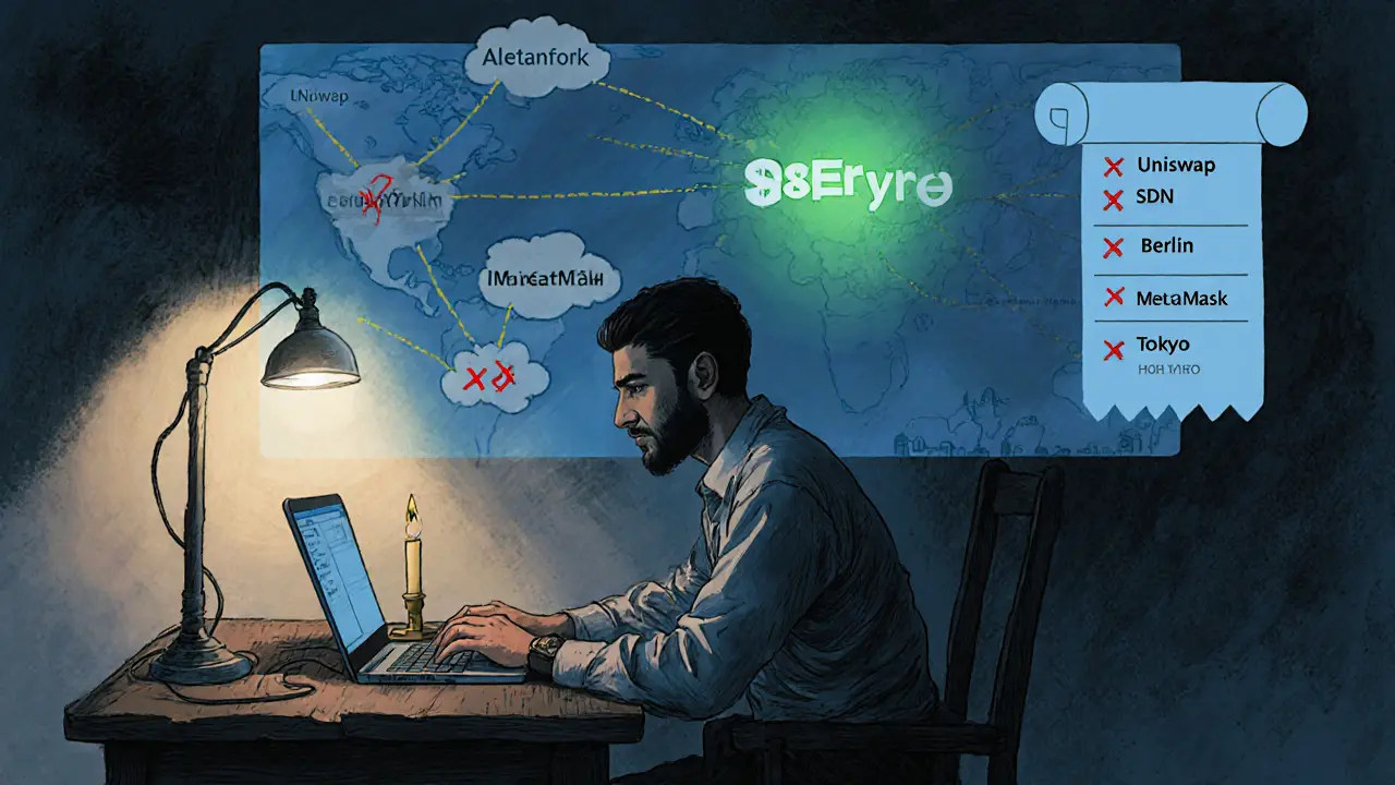 A Syrian developer works at a desk with a hardware wallet, surrounded by translucent global DeFi network connections.
