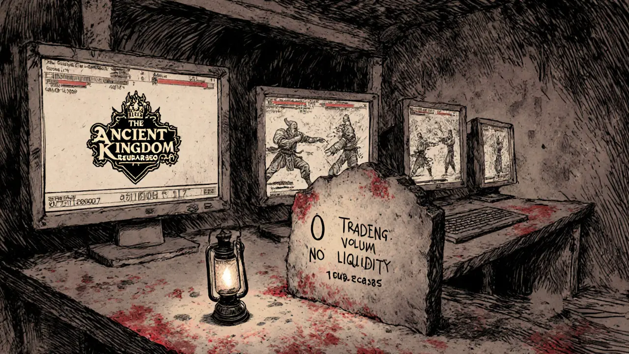 An abandoned server room with frozen game screens and a glowing wallet address in dusty darkness.