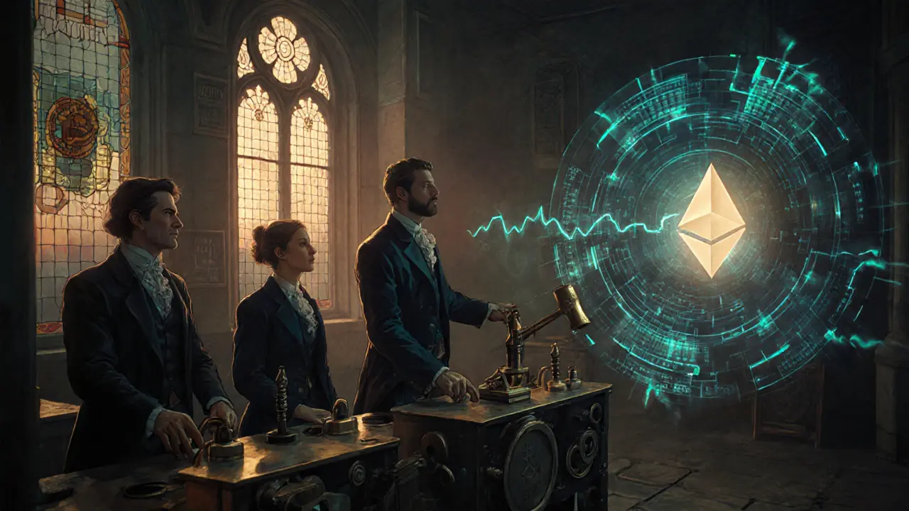 Analysts in Victorian attire control digital crypto price waves with mechanical levers, while DeFi risk scores glow in the background.