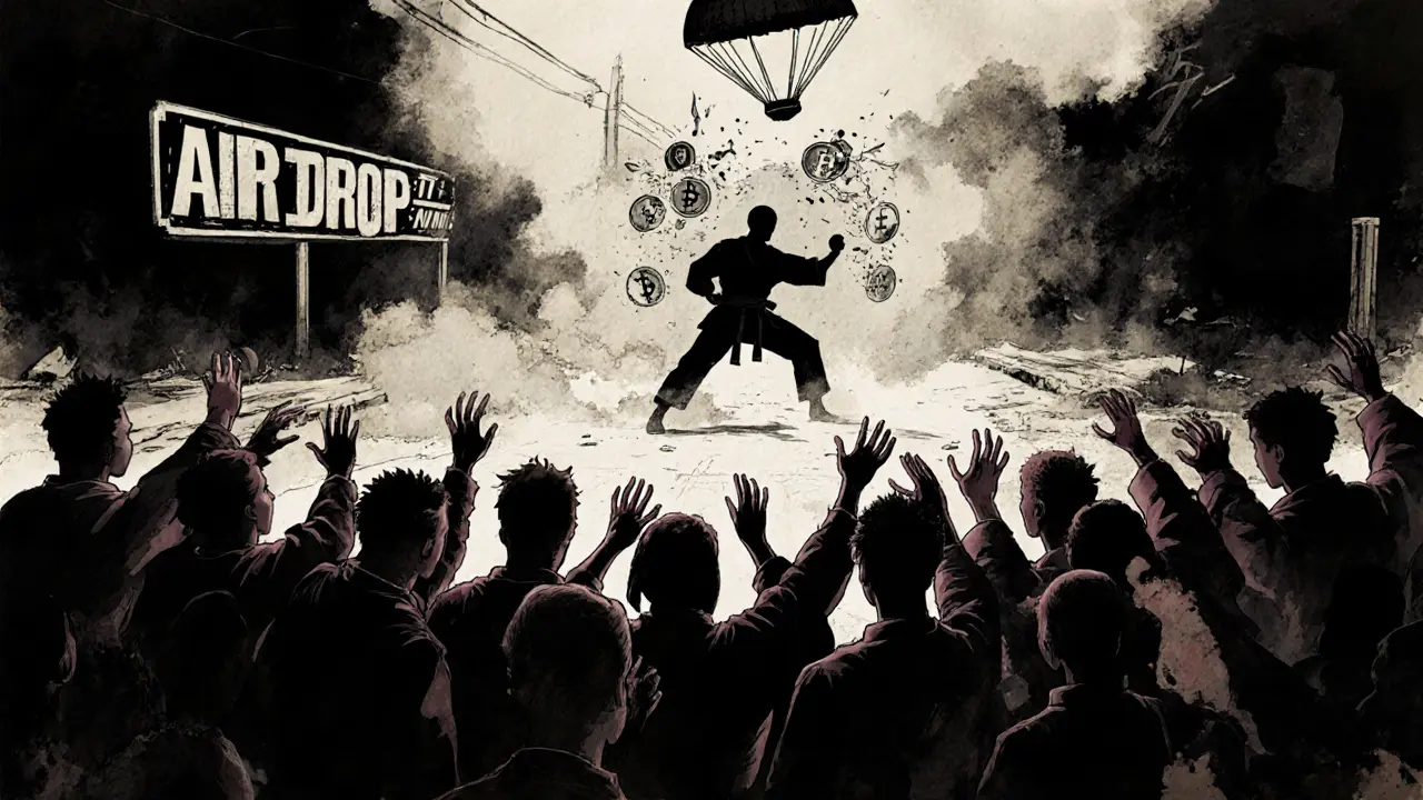 Crowds reaching for a fading hologram of a martial arts game as DOM tokens dissolve into smoke.