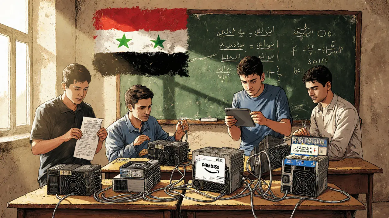 Syrian students assemble Bitcoin mining rigs in a classroom, with imported equipment and a chalkboard showing blockchain math.