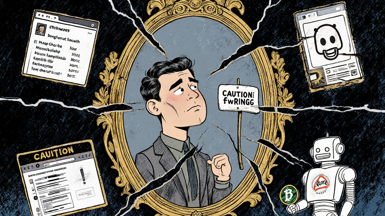 A confused investor facing a fractured mirror showing failed trades, empty Discord, and stagnant code, with Uniswap glowing in the distance.