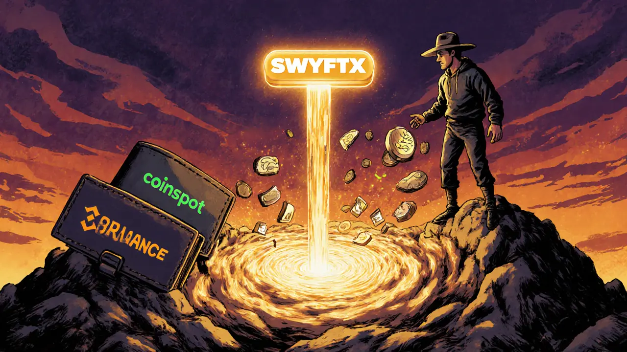 A figure triumphantly transferring crypto assets from old wallets into a glowing Swyftx transfer beam.