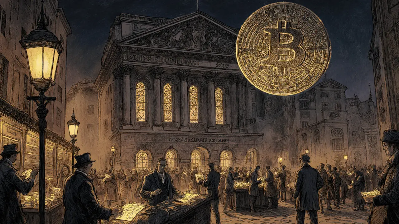 A glowing crypto marketplace at night with traders bartering, a DAO voting panel, and cold storage vaults in Howard Pyle style.