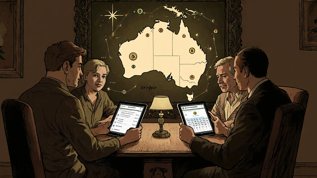 A group of Australians reviewing Swyftx tax reports and demo trading under a glowing map of Australia.