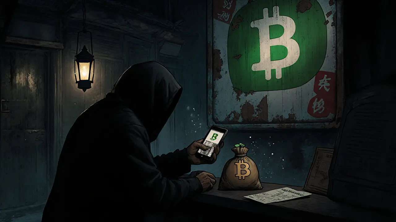A shadowy figure trades yuan for Bitcoin at a forgotten OTC counter in an Asian alley, lit by a single lantern.
