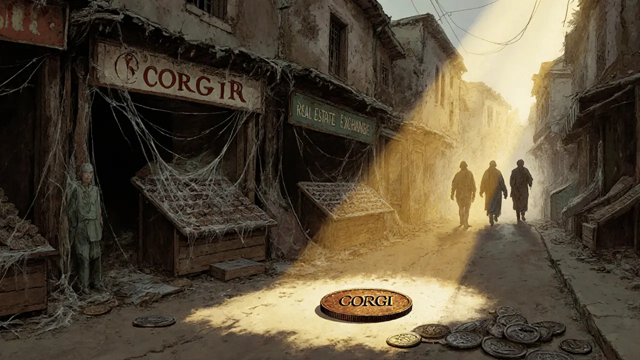 An abandoned marketplace with broken stalls and a single CORGI coin on the ground, lit by golden light.