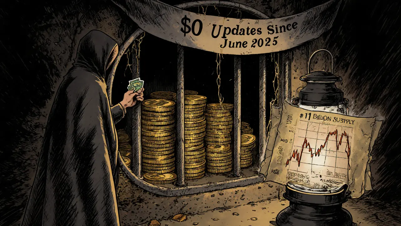 An abandoned vault filled with dusty RING tokens, a falling price chart, and a single lantern under a &#039;No Updates&#039; banner.