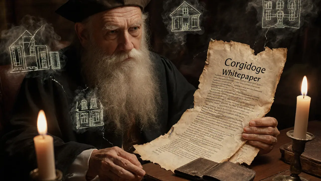 An old scholar studies a faded whitepaper as holograms of failed projects dissolve into smoke around him.