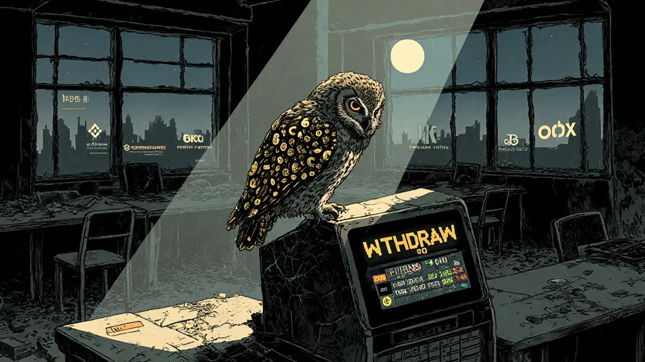 An owl perched on a broken crypto ticker machine in an abandoned trading floor, moonlight shining on a &#039;Volume: 0&#039; screen.