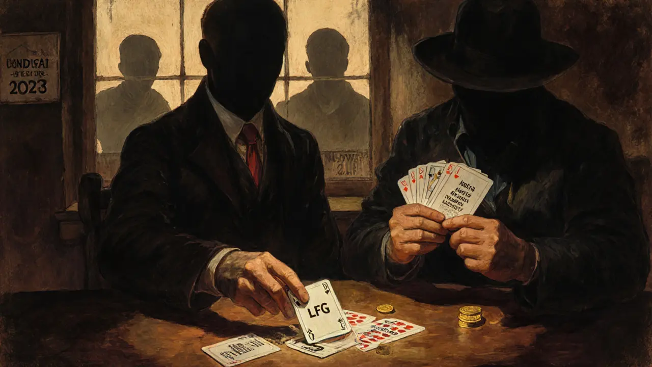 Gambler betting last coin on LFG at a tavern while shadowy rivals loom in the window.