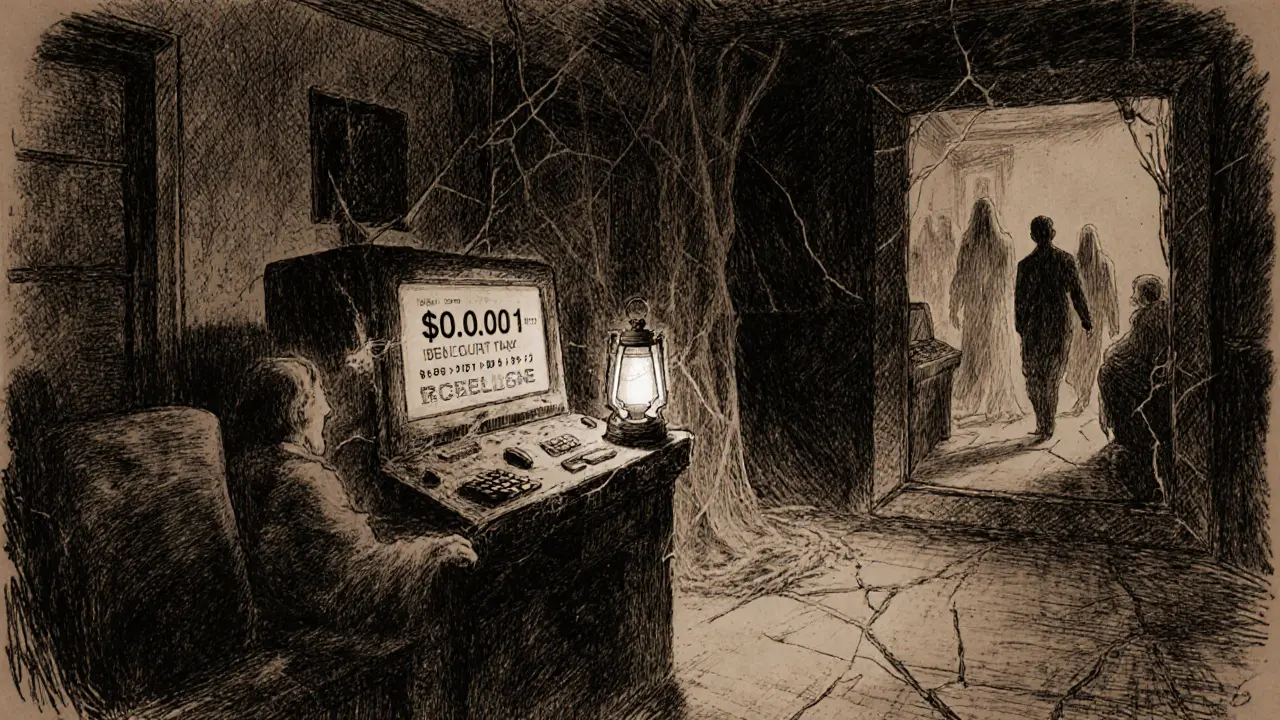 Ghostly empty exchange floor with a single ticker showing <h2>No Security Audits. No Transparency.</h2>.0001 LFG and fading user silhouettes.