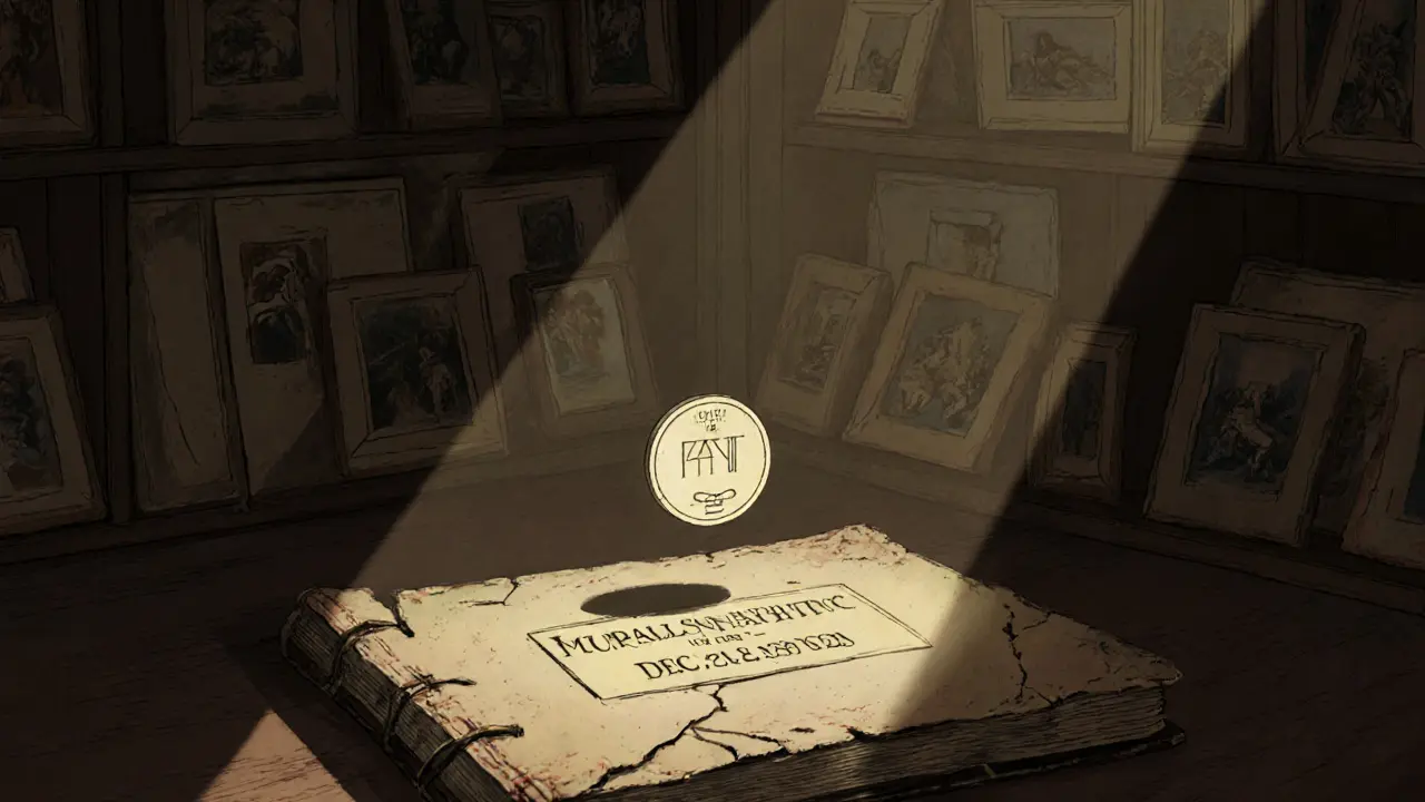 A collector holding a glowing PAINT token in a room filled with fading NFT art.