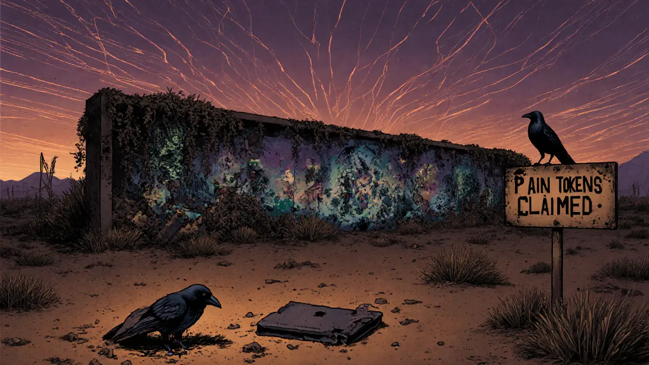 An abandoned digital mural in a wasteland with a broken wallet buried in sand.