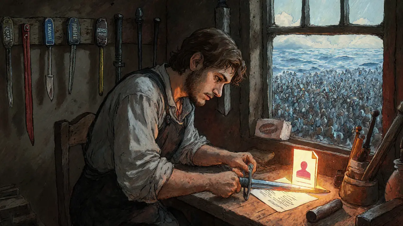 Creator crafting a digital guide in a workshop, with trusted tools on the wall and loyal subscriber at desk.