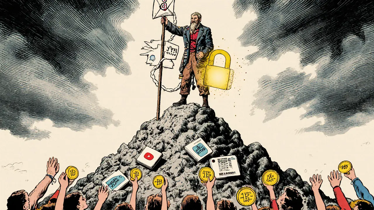 Creator standing on social media ruins, supported by 1,000 loyal fans holding trust coins.