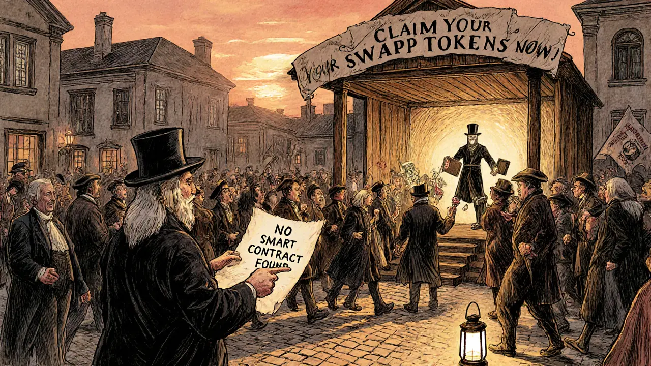 Crowd rushing toward a conman on stage claiming SWAPP tokens, while a scholar holds up a warning parchment.