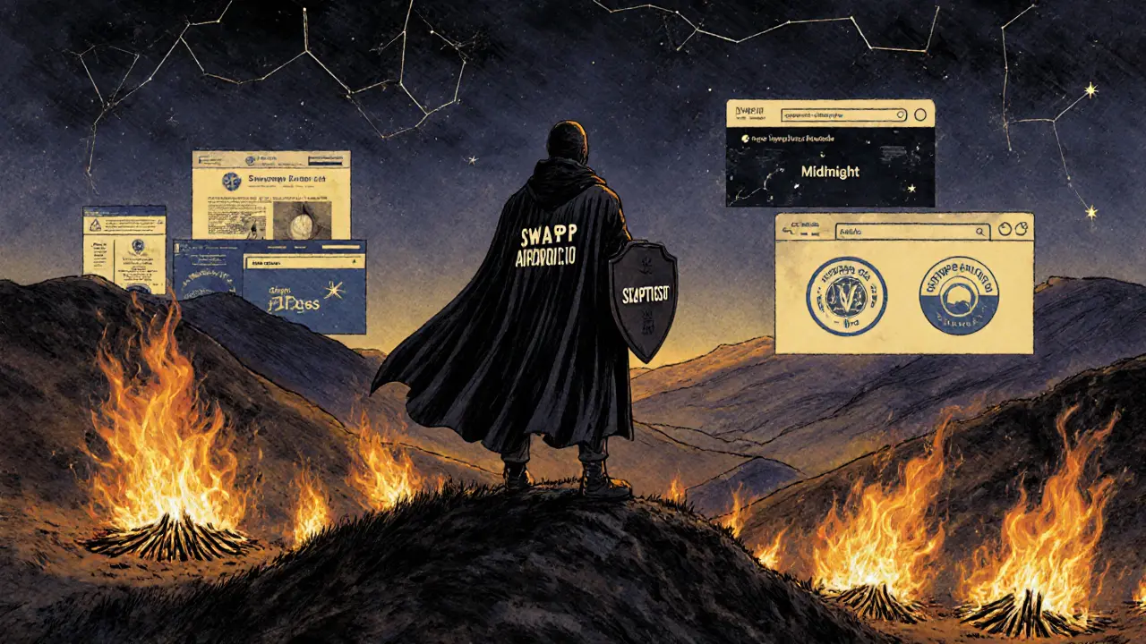 Hero on a hill watches fake crypto sites burn as legitimate projects glow safely in the distance.