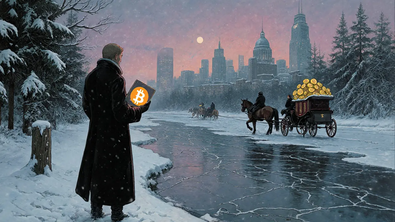 Lone figure on frozen river holding digital wallet, elite on one side, ordinary people trading secretly on the other.