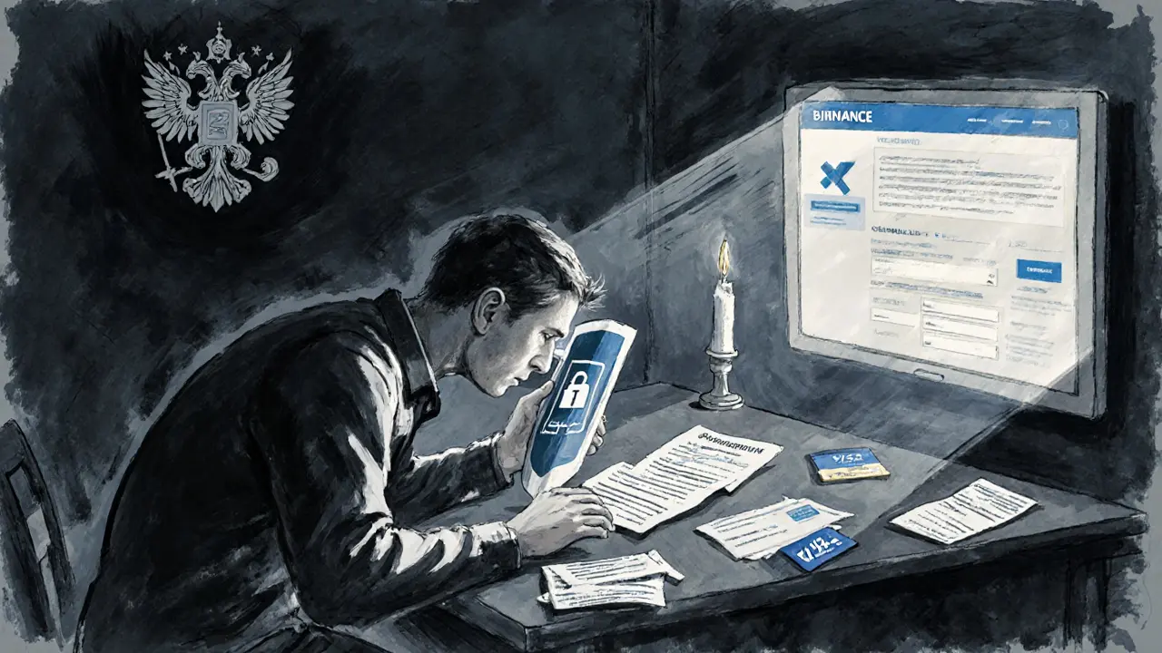 Russian citizen using VPN to access offshore exchange, surrounded by failed documents and frozen bank card.