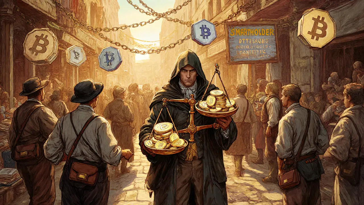 Traders in period clothing exchange tokens across floating blockchain chains in a golden-lit marketplace with a profit-sharing scale.