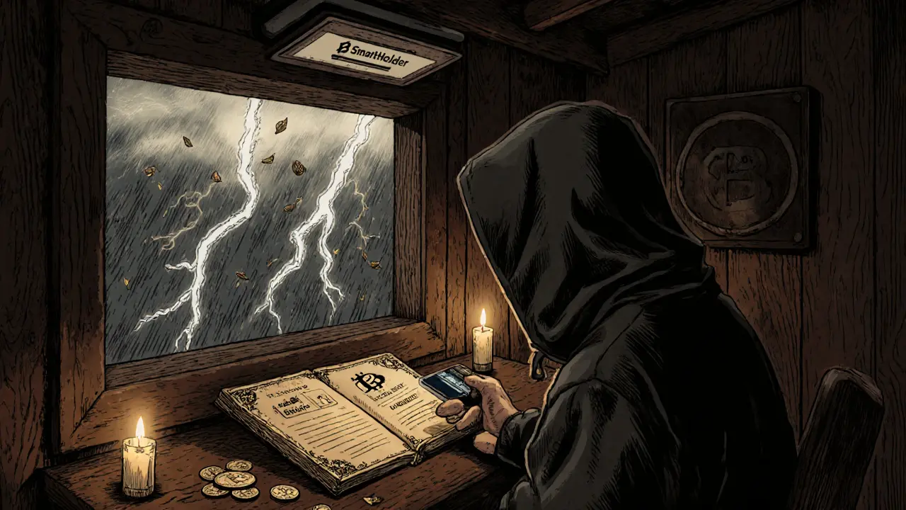 User in a cabin connects a wallet to an ancient ledger as crypto coins fall from above, while banned exchange logos crackle in a storm outside.