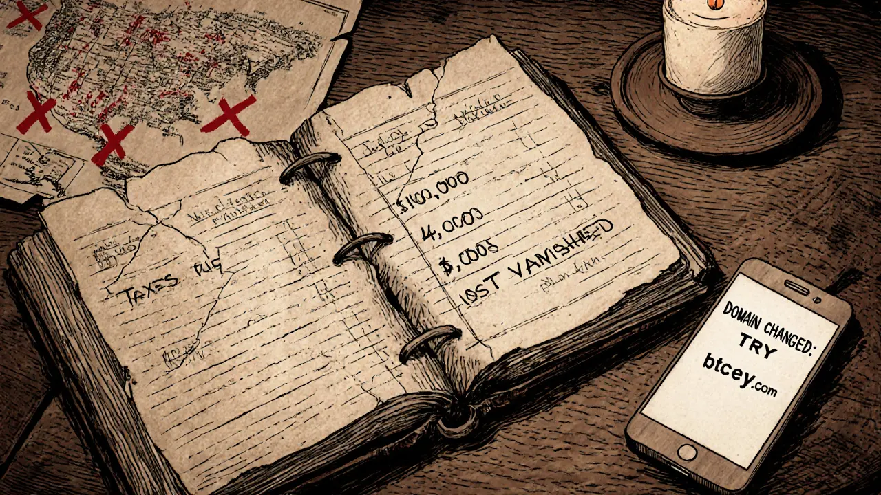 A cracked ledger with lost funds written in ink, a map with red X&#039;s over the U.S. and Japan, and a flickering domain notice.