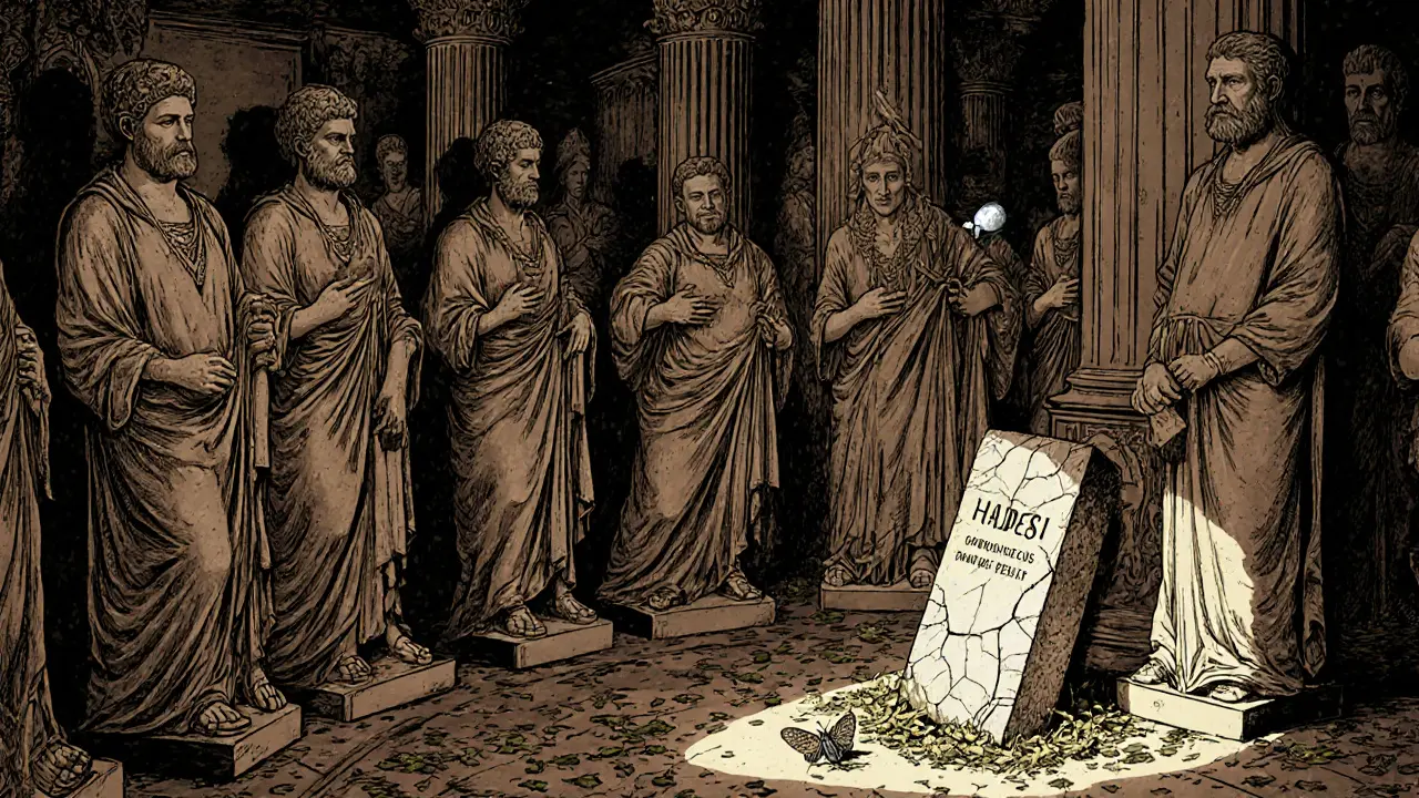 A forgotten stone tablet of HadesAI buried under leaves, beside gleaming statues of real security tools.