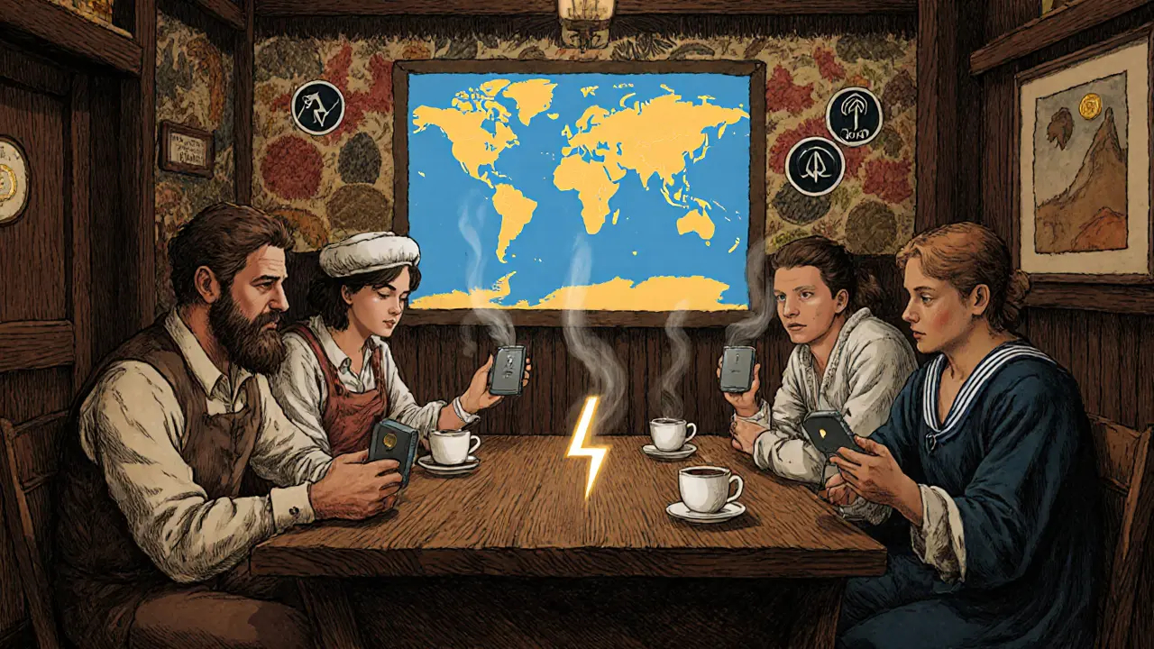 A group of everyday people using GRS wallets to view a global Lightning Network transaction in a cozy tavern.