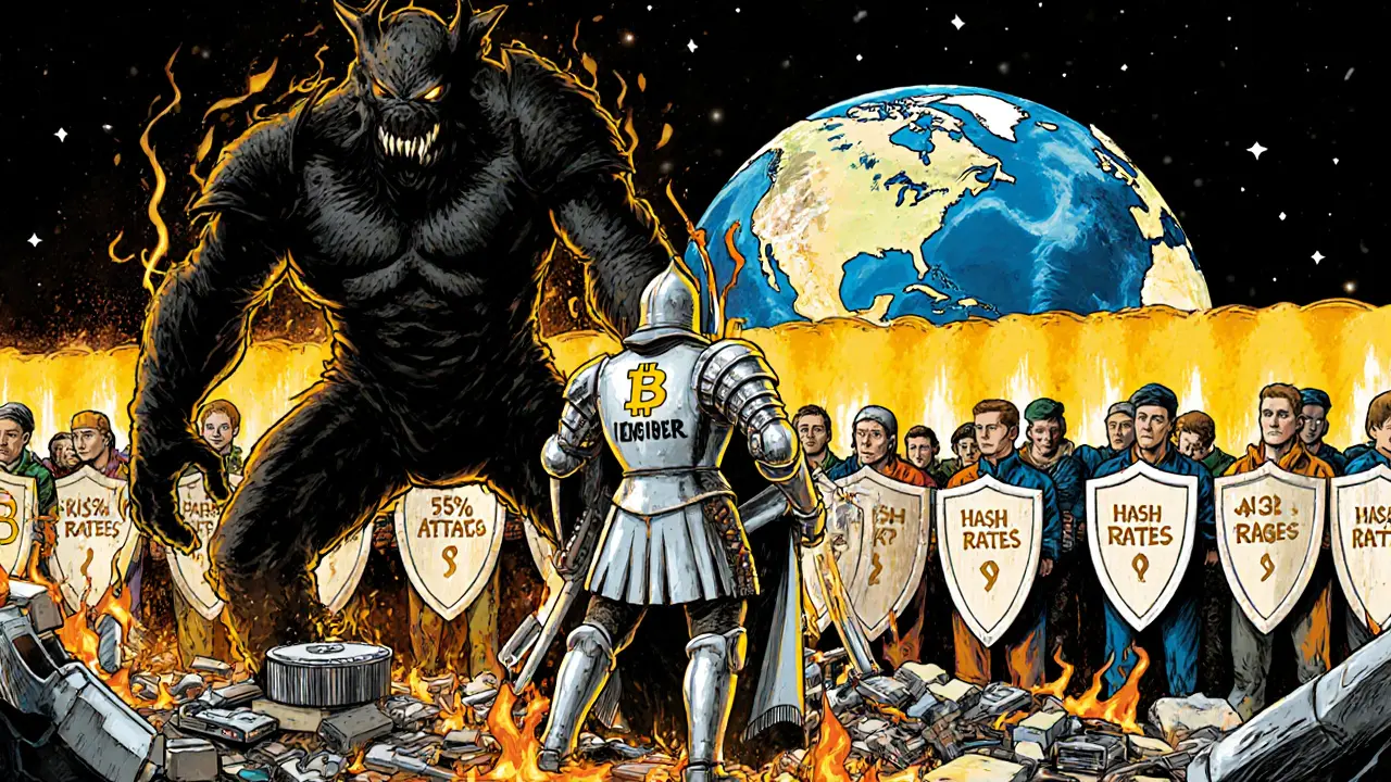 A knight representing Bitcoin’s network stands against a shadowy 51% attack, surrounded by an army of miners radiating golden light.