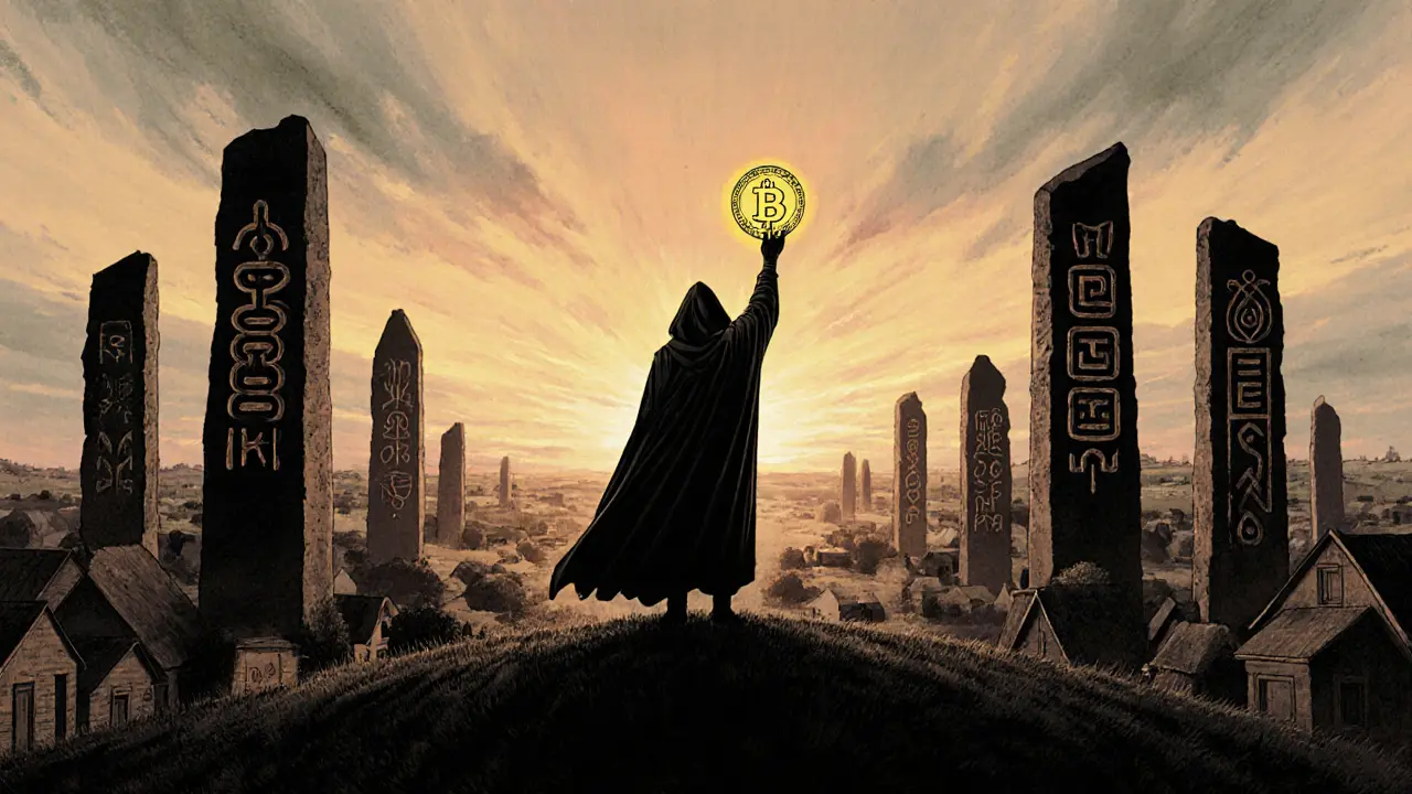 A lone figure holding a Groestlcoin as 40 TOR servers rise like ancient obelisks at sunrise, symbolizing privacy.