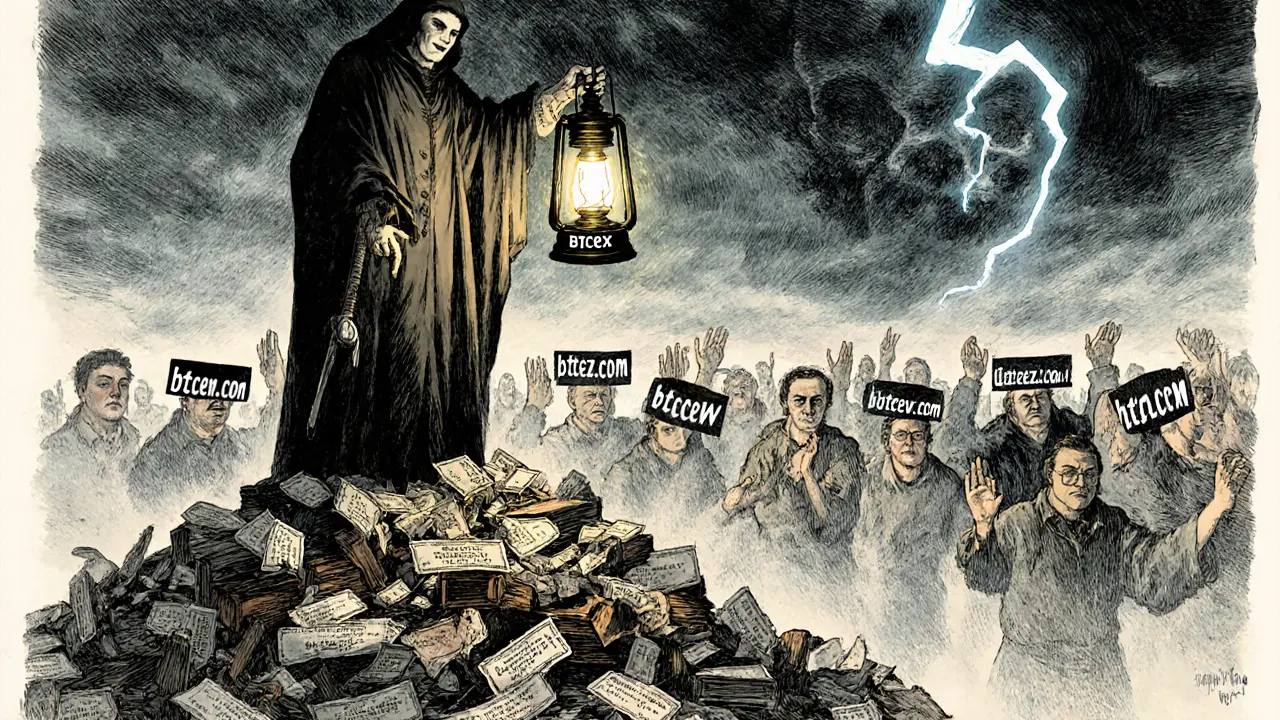 A masked figure holding a lantern labeled BTCEX atop piles of frozen withdrawals, while users reach from a foggy horizon.