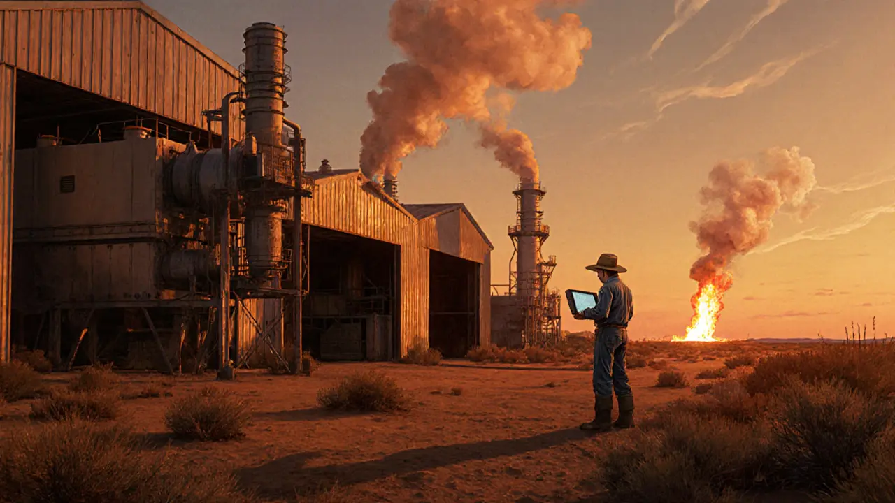 A Texas mining farm at dusk with ASIC miners steaming under orange lights, a natural gas flare glowing in the distance.