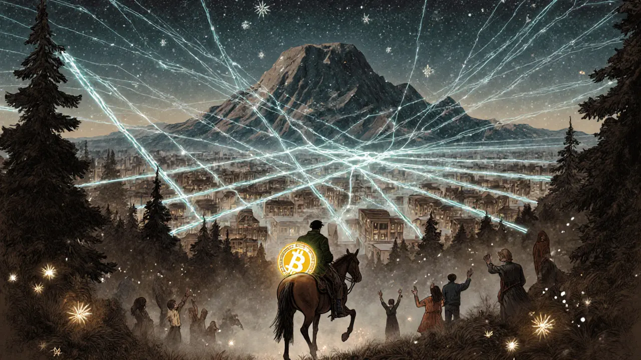Courier on horseback rides through a digital forest, surrounded by glowing Lightning Network pathways in the sky.