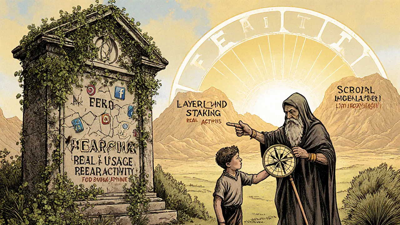 Crumbling FEAR Token monument overgrown with vines, while a wise elder guides a young adventurer toward active blockchain projects.