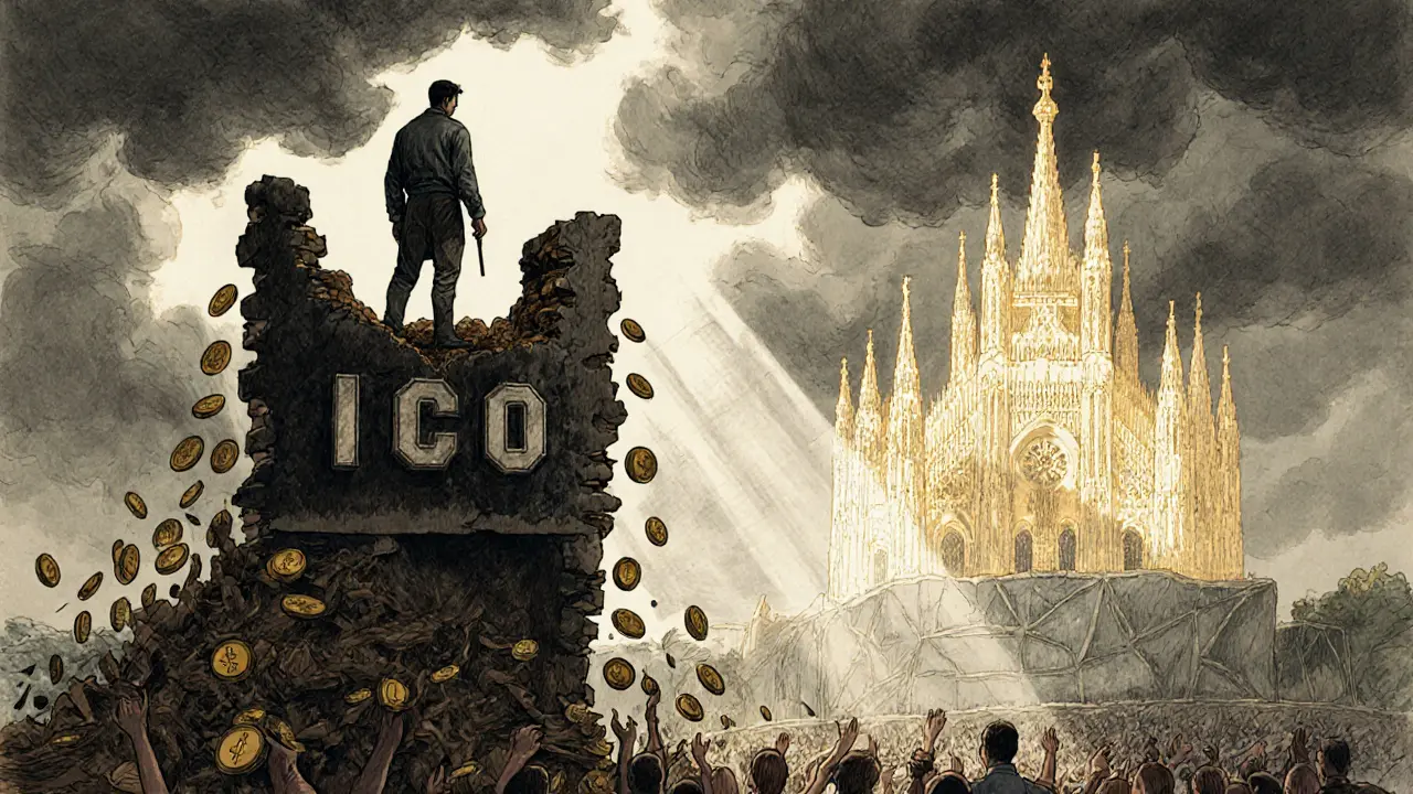 Developer watches tokens fall as decentralized network rises in the distance.