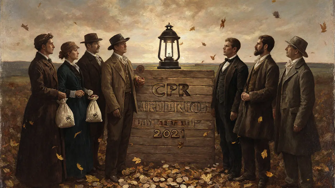 Diverse figures stand before a board marked &#039;CPR AIRDROP 2021&#039;, gazing at a flickering app icon in the distance.