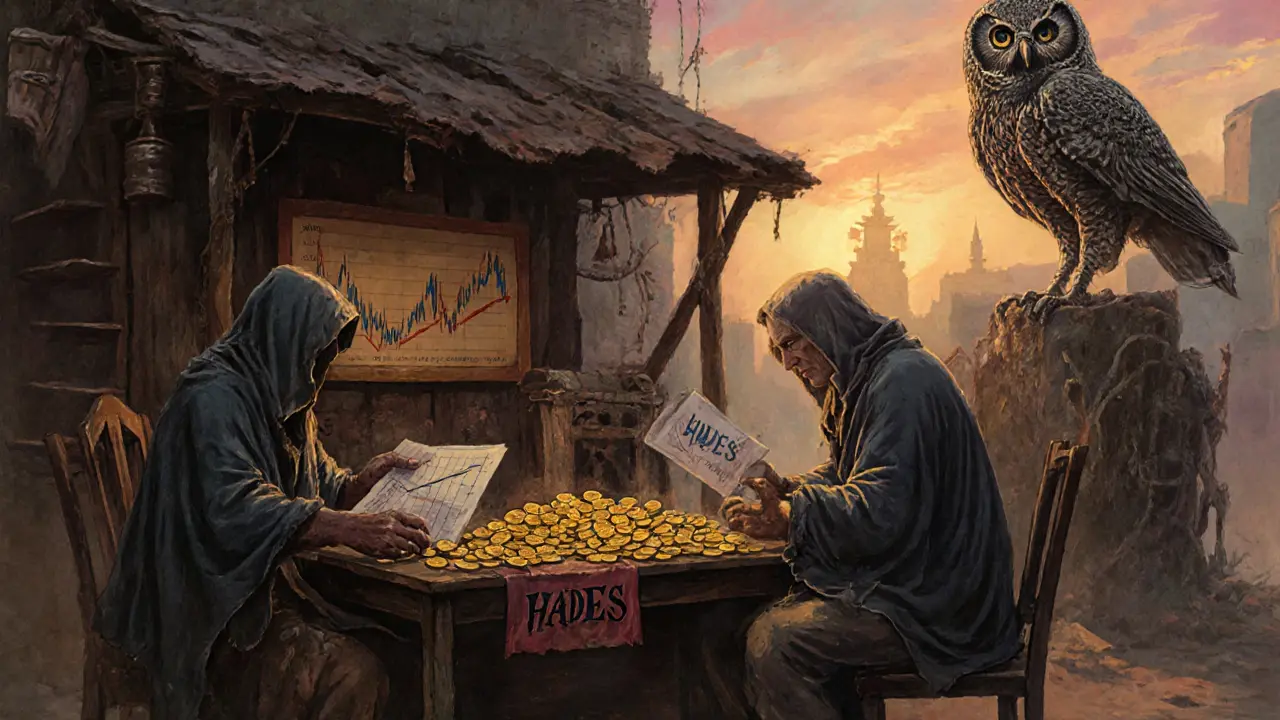 Gamblers trading tiny HADES tokens at a twilight stall, watched by a hollow mechanical owl.