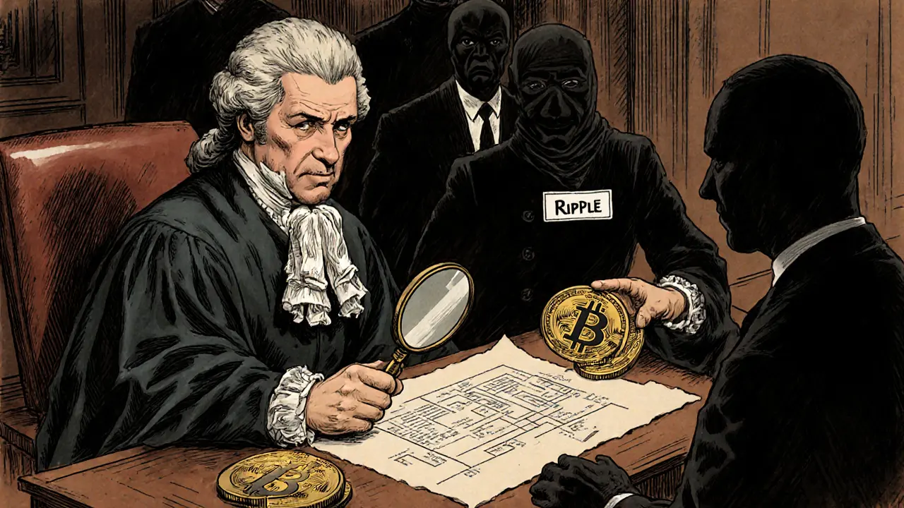 Judge examines blockchain on parchment in courtroom, Ripple figure handing XRP to buyers.