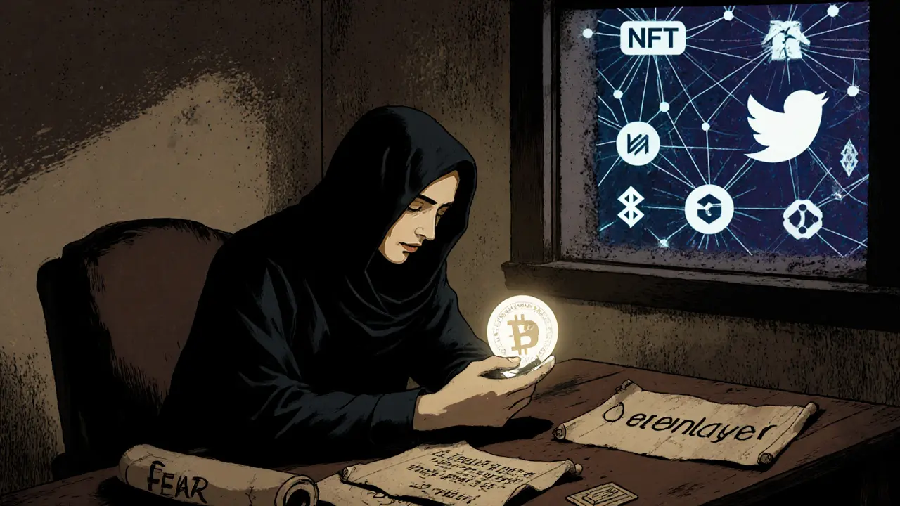 Lone figure holding a faintly glowing FEAR token amid dead Twitter logos and NFT tickets, with modern blockchains shining outside.