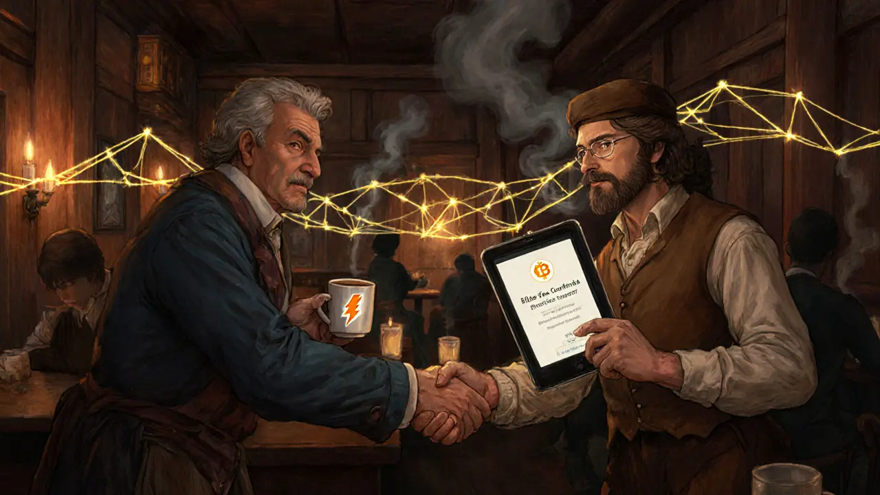 Two travelers shake hands in a tavern, connected by a web of light representing Lightning Network payments.