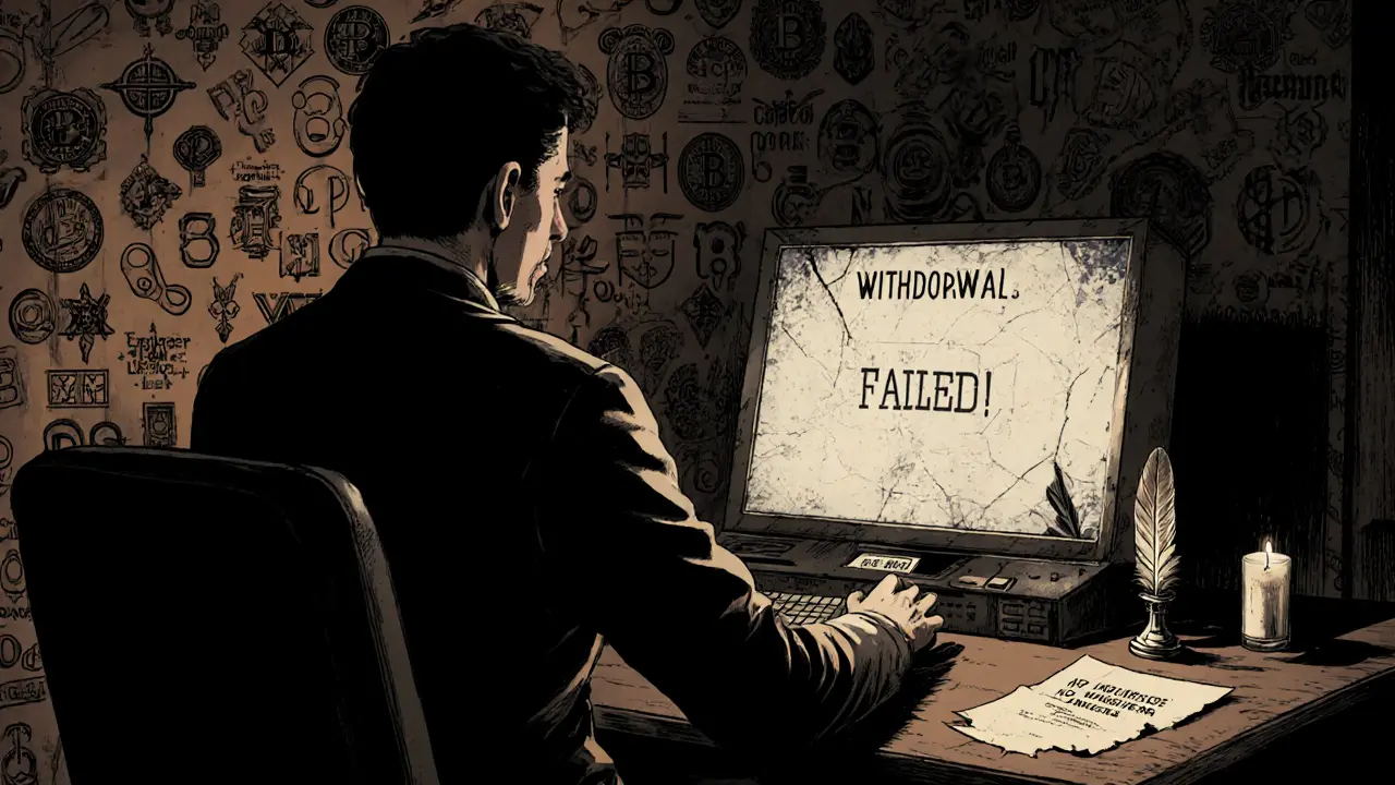 A customer faces a failed withdrawal screen amid a wall of faded crypto logos and abandoned supplies.