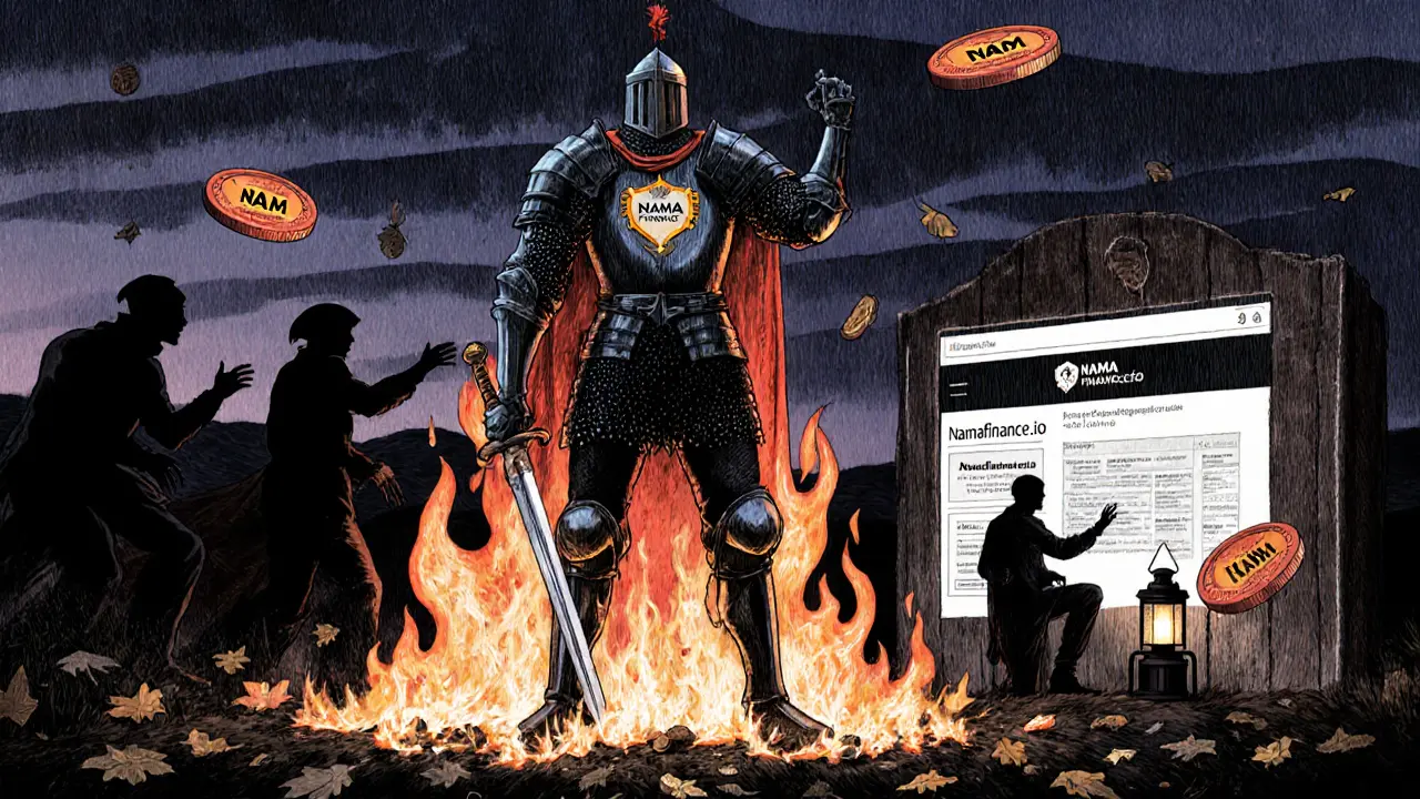 A knight defends against scammer shadows near a burning fake site, while a user safely accesses the real Nama Finance portal under a lantern.