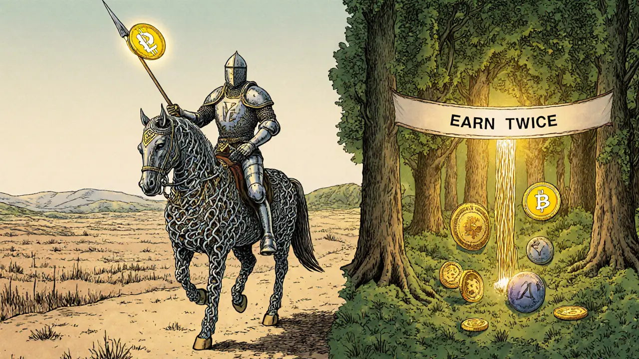 A knight on a crypto-symbol steed rides through a landscape of locked capital versus thriving DeFi forests with golden reward streams.