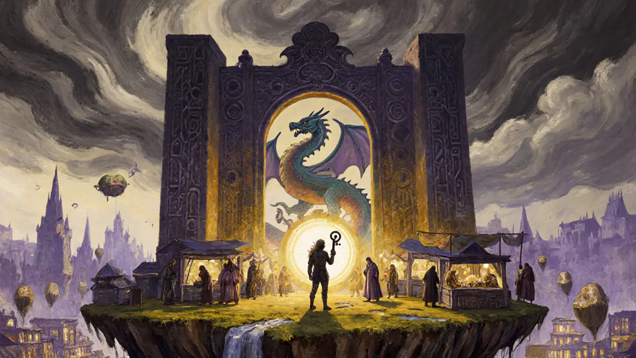 A player unlocking a digital gate in Decentraland, with NFT dragons and floating market stalls beneath a stormy sky.