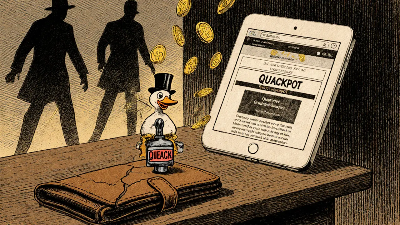 A wallet glows with rewards as a duck pulls a jackpot lever, scammers fading into shadows.