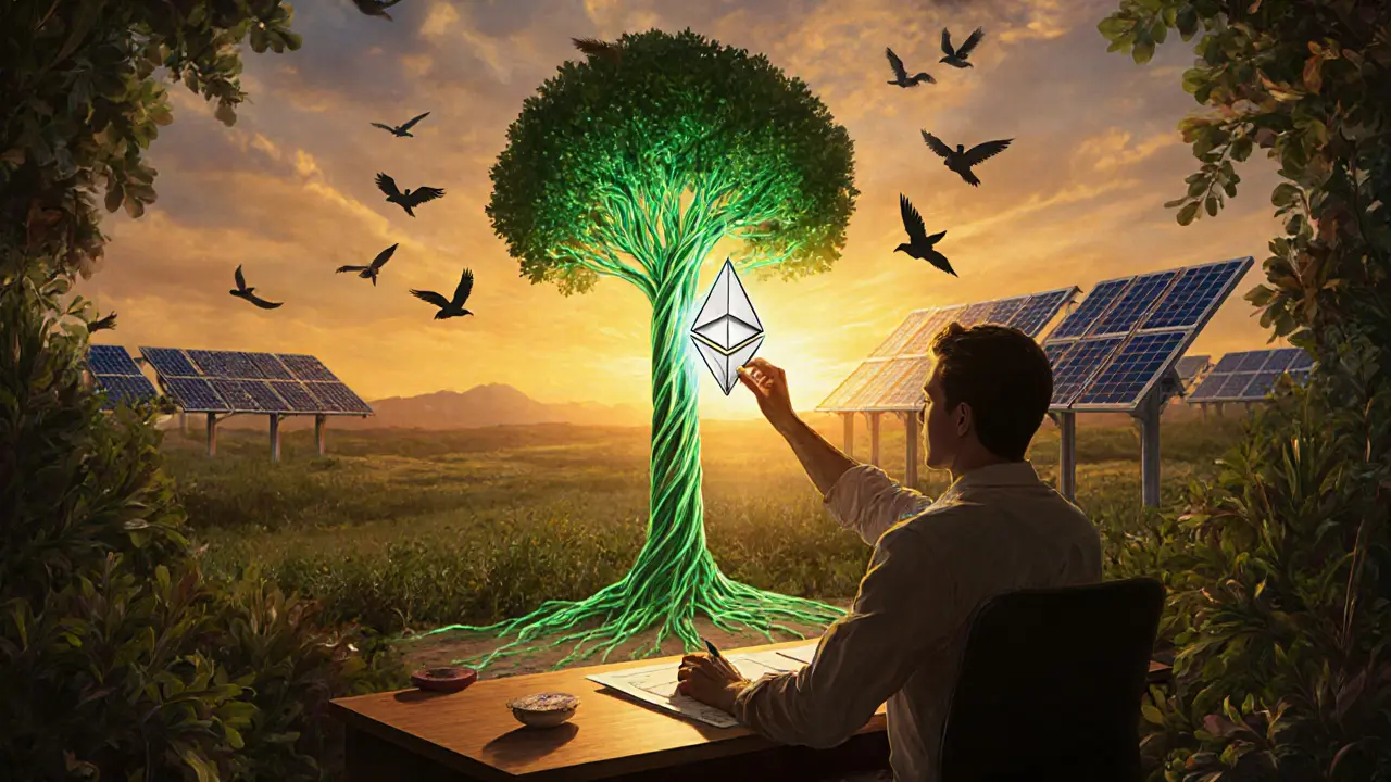 An artist places a glowing NFT on a green blockchain tree, surrounded by light birds and solar panels.