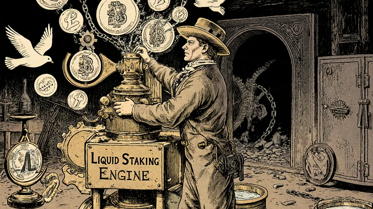 An inventor in explorer attire operates a brass machine releasing stETH tokens into lending and yield devices, while a crumbling vault looms behind.