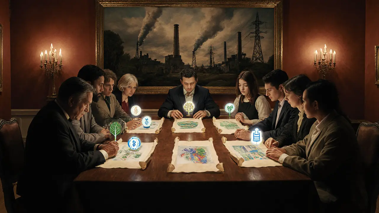 Artists examine NFTs on parchment scrolls with carbon credit icons, under a mural of clean vs. dirty energy.